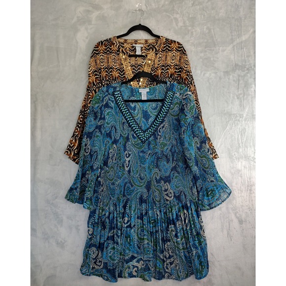 Catherines Women's 3X Brown Blue Paisley Tiered Pleated Bell Sleeve Tunic Top - Picture 1 of 13